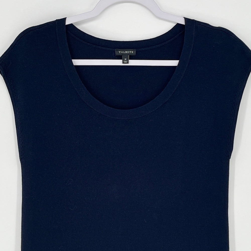 Talbots Navy Blue Knit Shell Top Medium Scoop Neck Cap Sleeve Nautical Preppy - Picture 4 of 7